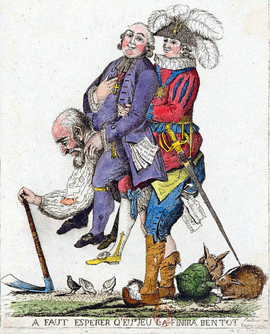 Zeitgenössische Karikatur: Der Dritte Stand trägt den Klerus und...