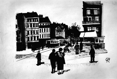 Gottfried Richter, Stra&szlig;enkreuzung 1922, Tuschzeichnung