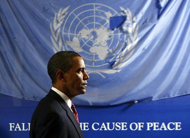 September 2009: Barack Obama im UN-Hauptquartier New York vor ei...
