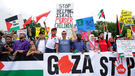 Protest gegen die Unterst&uuml;tzung der israelischen Regierung ...