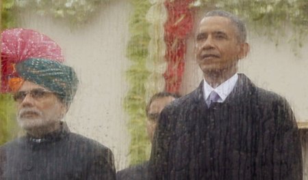 Partner im Regen: Indiens Premierminister Narendra Modi und US-P...