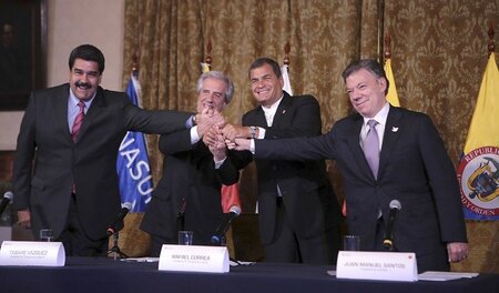 Venezuelas Präsident Nicolás Maduro (links) und sein kolumbianis... Venezuelas Präsident Nicolás Maduro (links) und sein kolumbianis...