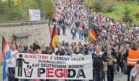 Die »lebende Grenze« marschiert: Pegida-Demonstranten am Sonntag... Die »lebende Grenze« marschiert: Pegida-Demonstranten am Sonntag...