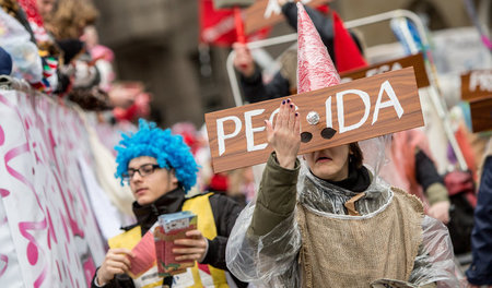 Karnevalisten mit dem Motto »Pegida - Brett vor dem Kopf« am Mon...