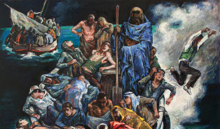 Ronald Paris: »Charons Boote im Mittelmeer«, 2015, Öl auf Leinwa... Ronald Paris: »Charons Boote im Mittelmeer«, 2015, Öl auf Leinwa...