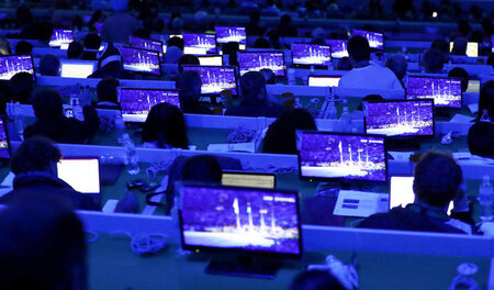 Journalisten bei der Arbeit (Olympische Spiele in Rio). Viele vo...