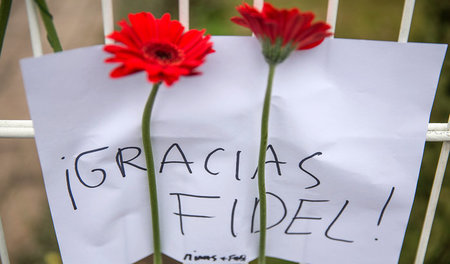 »Danke, Fidel!« – Blumen am Zaun der kubanischen Botschaft in Be...