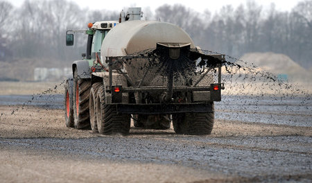 Ein Traktor zieht einen Güllewagen über ein Feld bei Jacobidrebb...