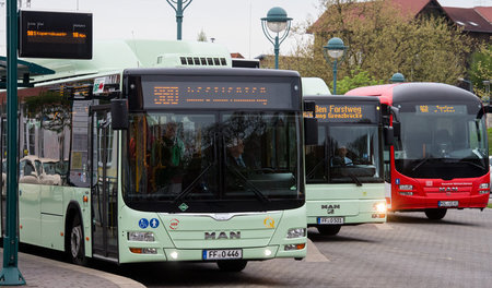 Busse auf dem Bahnhofsplatz in Frankfurt an der Oder (28. April ...