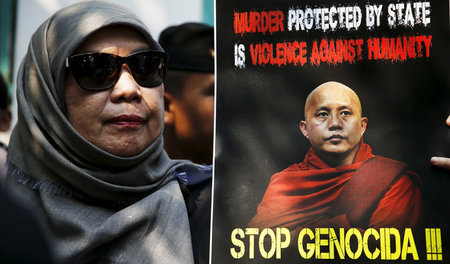 Eine Indonesierin mit einem Poster des Mönchs Ashin Wirathu aus ... Eine Indonesierin mit einem Poster des Mönchs Ashin Wirathu aus ...