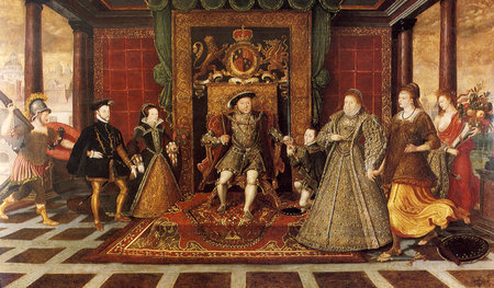 Der englische König Heinrich VIII., hier mit Familie ins Bild ge...
